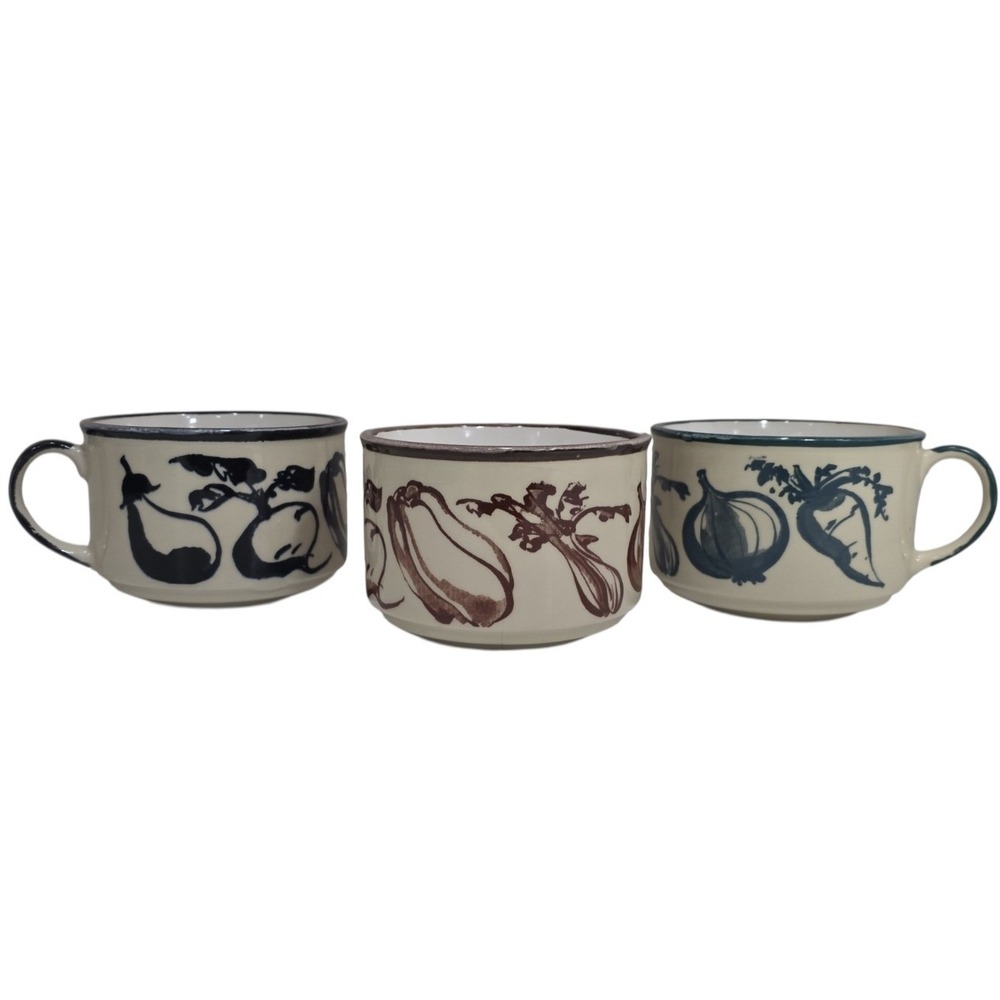 3 Vintage Japan Brush Work Painted Vegetable Soup Mugs